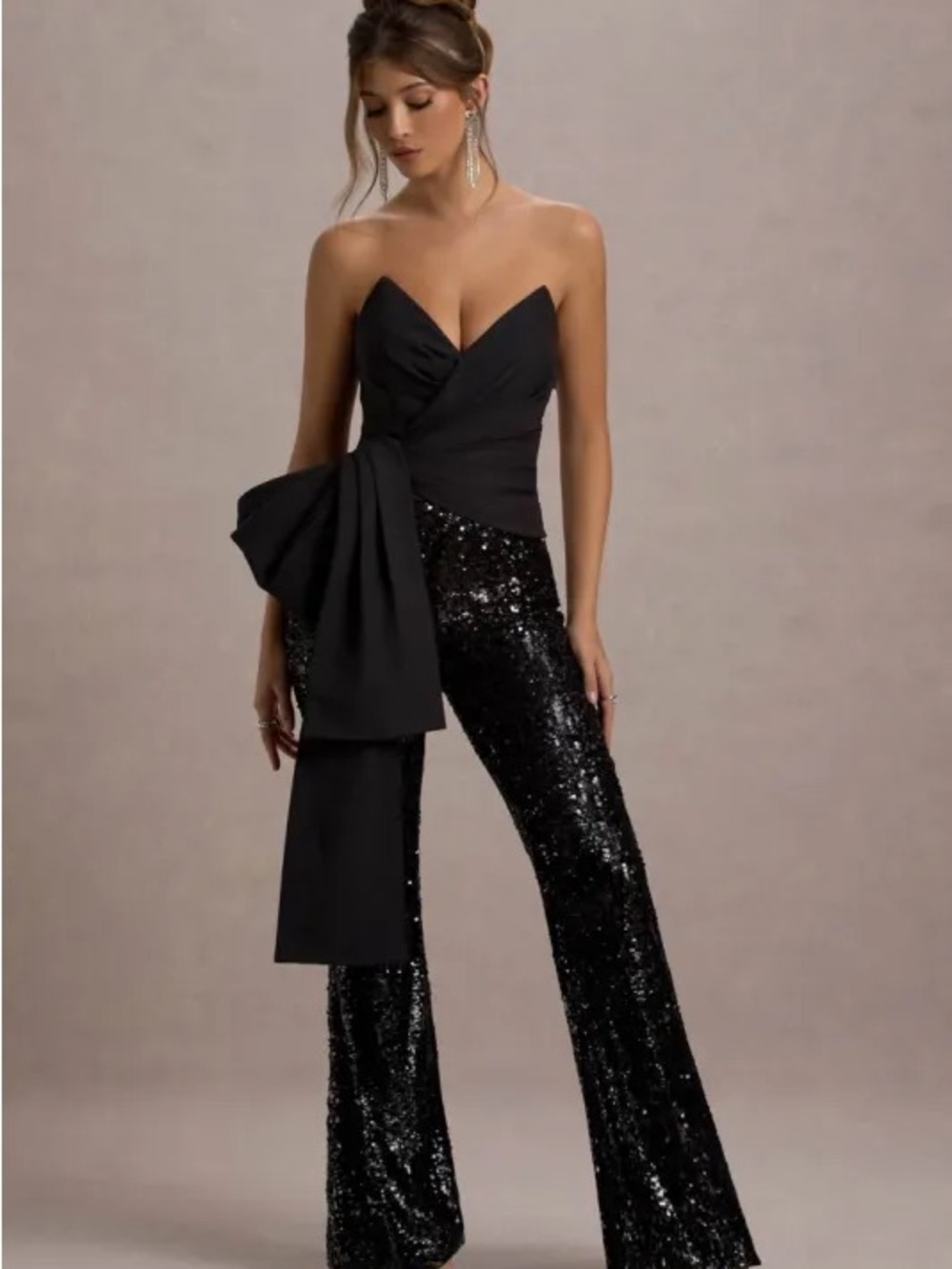 Strapless Black Sequin Boot-Flare Jumpsuit with Draped Sash